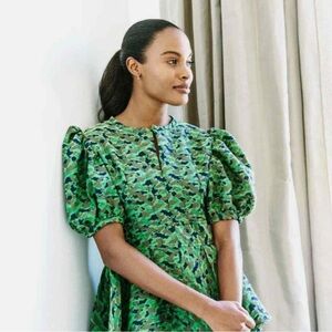 Noble 31 Camouflage Green Brocade Peplum Puff Sleeve Eliza Top S